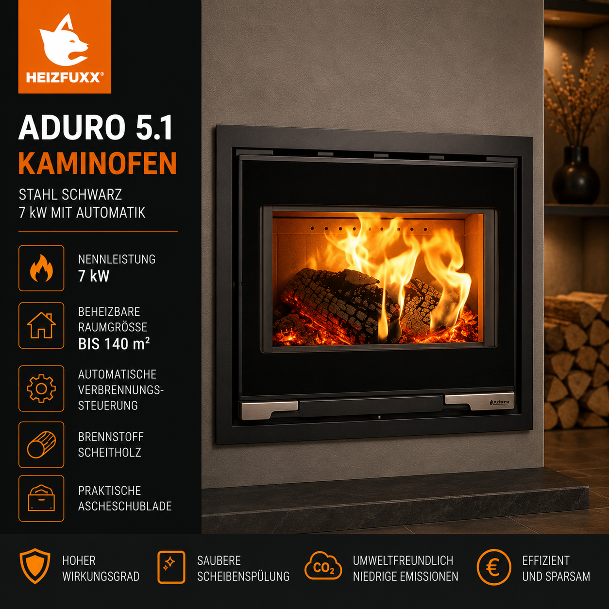 Aduro 5.1 Kaminofen 7 kW – Stahl Schwarz, extra niedrig mit Primärluftautomatik – Bild 3