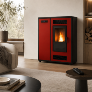 Sannover Slim Astral Luft-Pelletofen 10,6 kW – Bordeaux, extra flach mit Fernbedienung