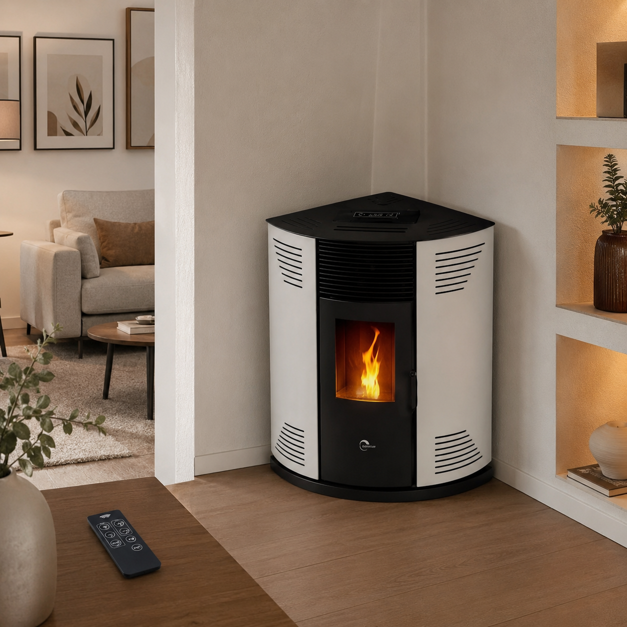 Sannover Iseos Eck-Pelletofen 10,6 kW – Weiß, 30-kg-Behälter mit Fernbedienung – Bild 5