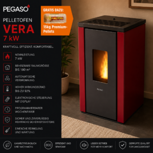 PEGASO Vera Pelletofen 7 kW – Stahl Bordeaux mit Gussbrennraum und Automatik
