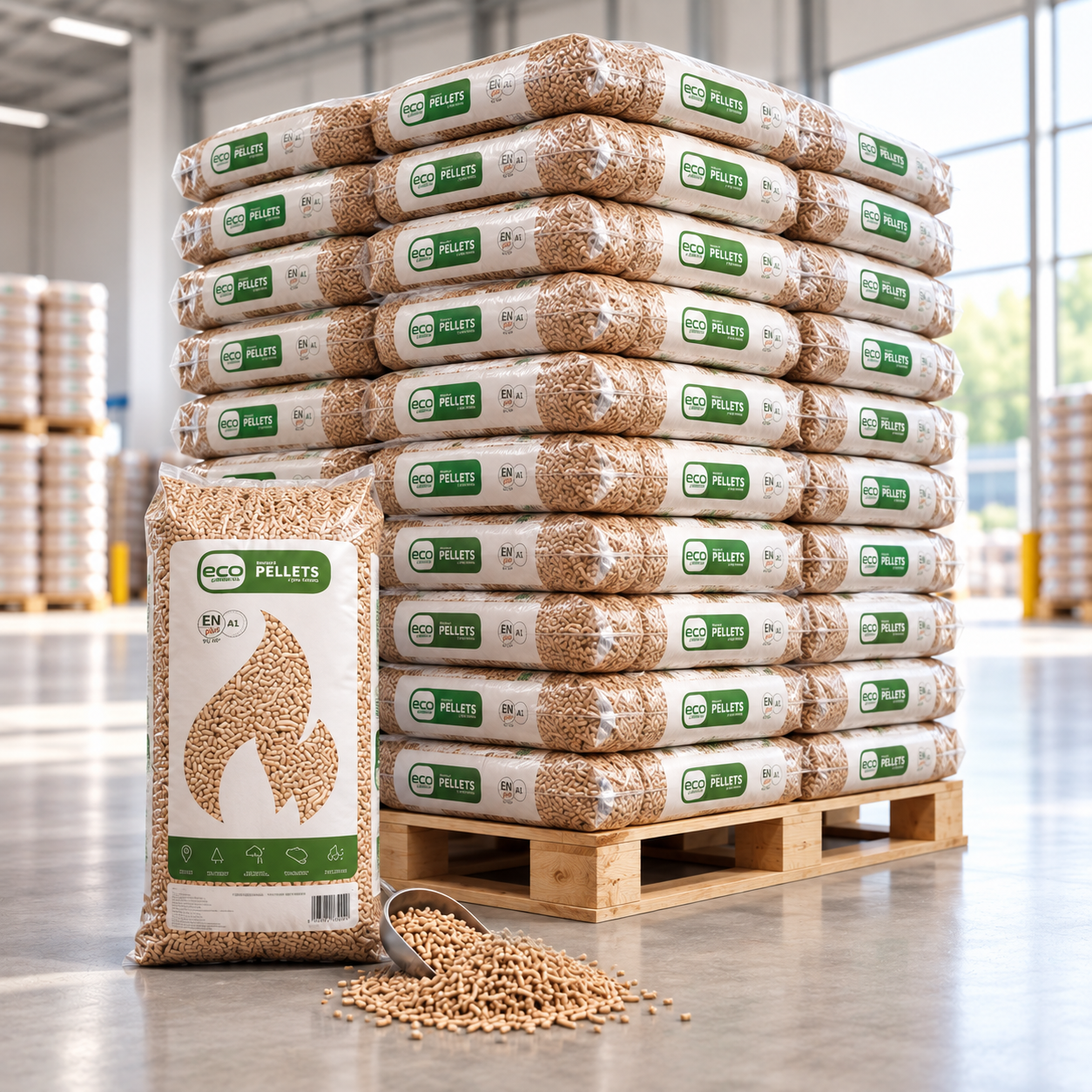 Holzpellets ohne Markennamen – Palette mit 65 Säcken à 15 kg (975 kg), 100 % Nadelholz, ENplus A1