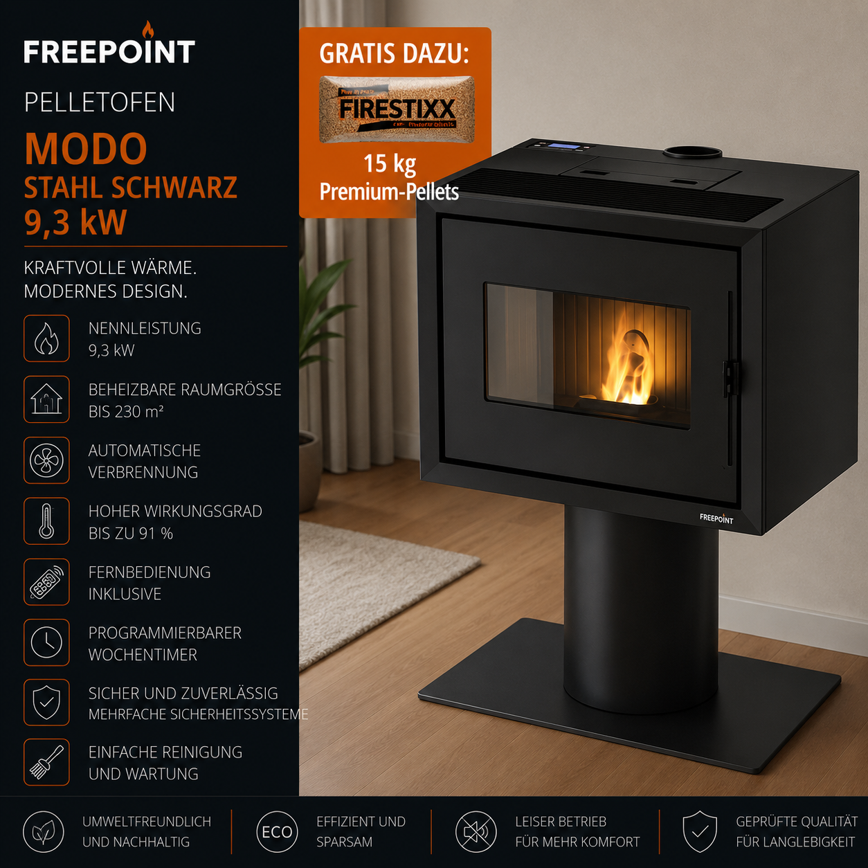 Freepoint Modo Pelletofen 9,3 kW – Stahl Schwarz, minimalistisch mit Fernbedienung – Bild 6