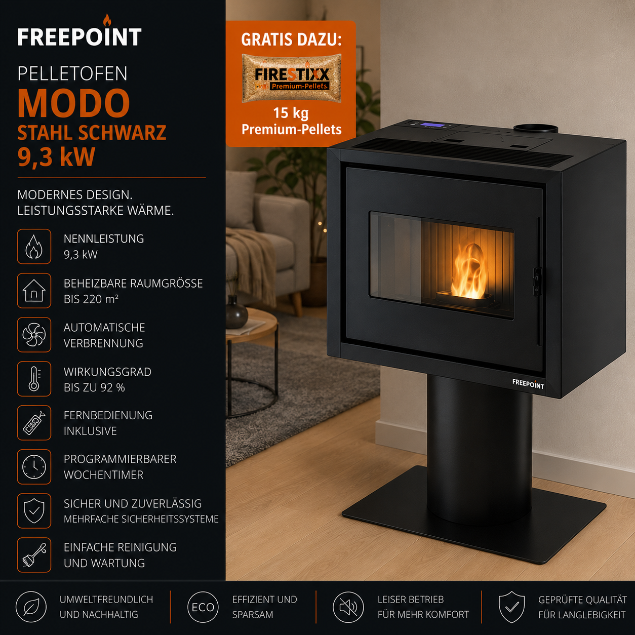 Freepoint Modo Pelletofen 9,3 kW – Stahl Schwarz, minimalistisch mit Fernbedienung – Bild 5