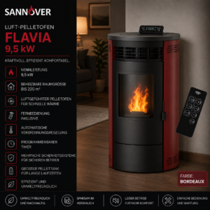 Sannover Flavia Luft-Pelletofen 9,5 kW – Bordeaux mit Fernbedienung