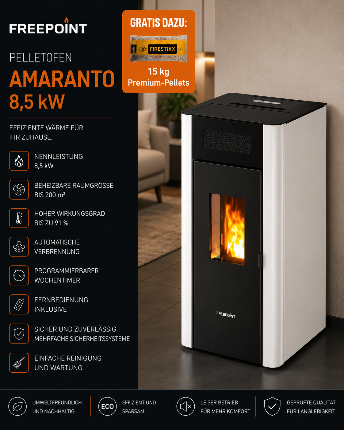 Freepoint Amaranto Pelletofen 8,5 kW – Stahl Weiß, vollautomatisch mit WLAN – Bild 4