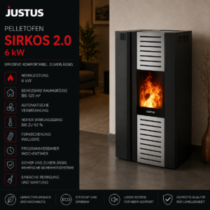 Justus Sirkos 2.0 Pelletofen 6 kW – Stahl Schwarz, raumluftunabhängig mit Vollautomatik