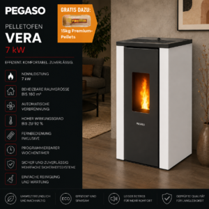 PEGASO Vera Pelletofen 7 kW – Stahl Weiß mit Gussbrennraum und Automatik
