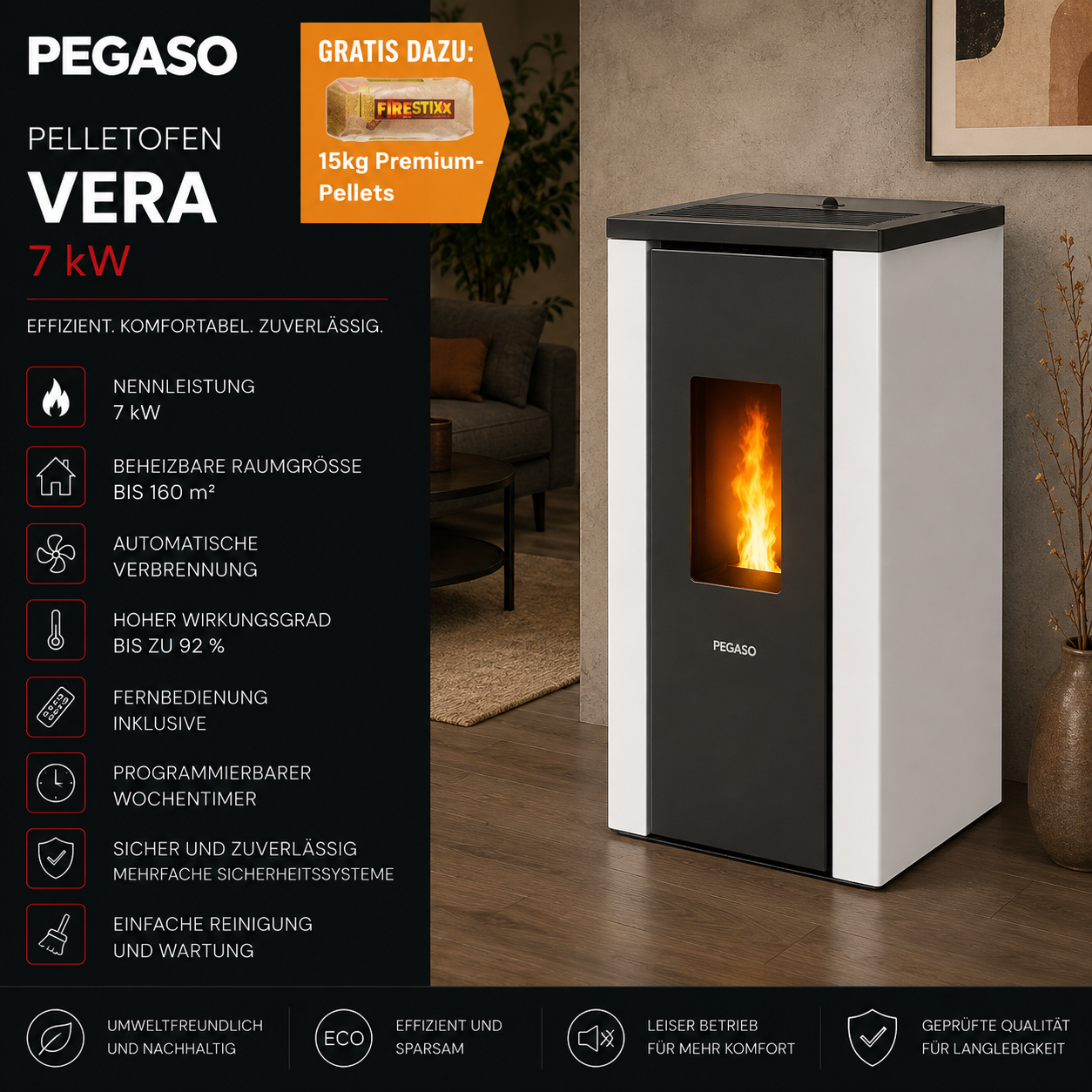 PEGASO Vera Pelletofen 7 kW – Stahl Weiß mit Gussbrennraum und Automatik – Bild 5