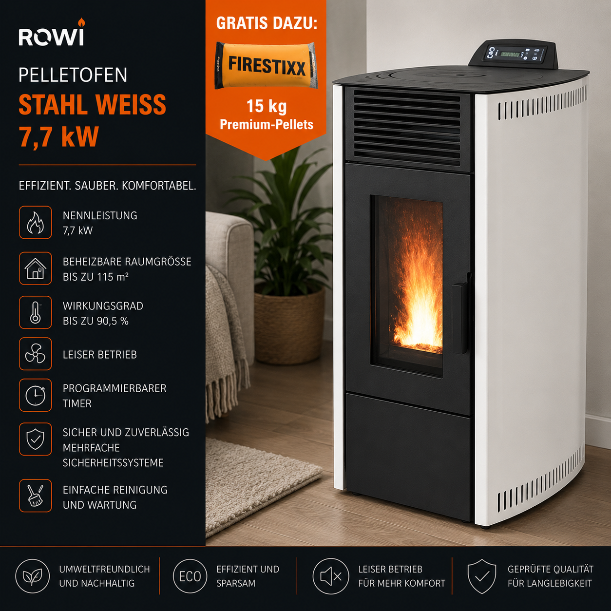 Rowi HPO 8/1 Easy II Pelletofen 7,7 kW – Weiß, raumluftunabhängig aus Stahl – Bild 4