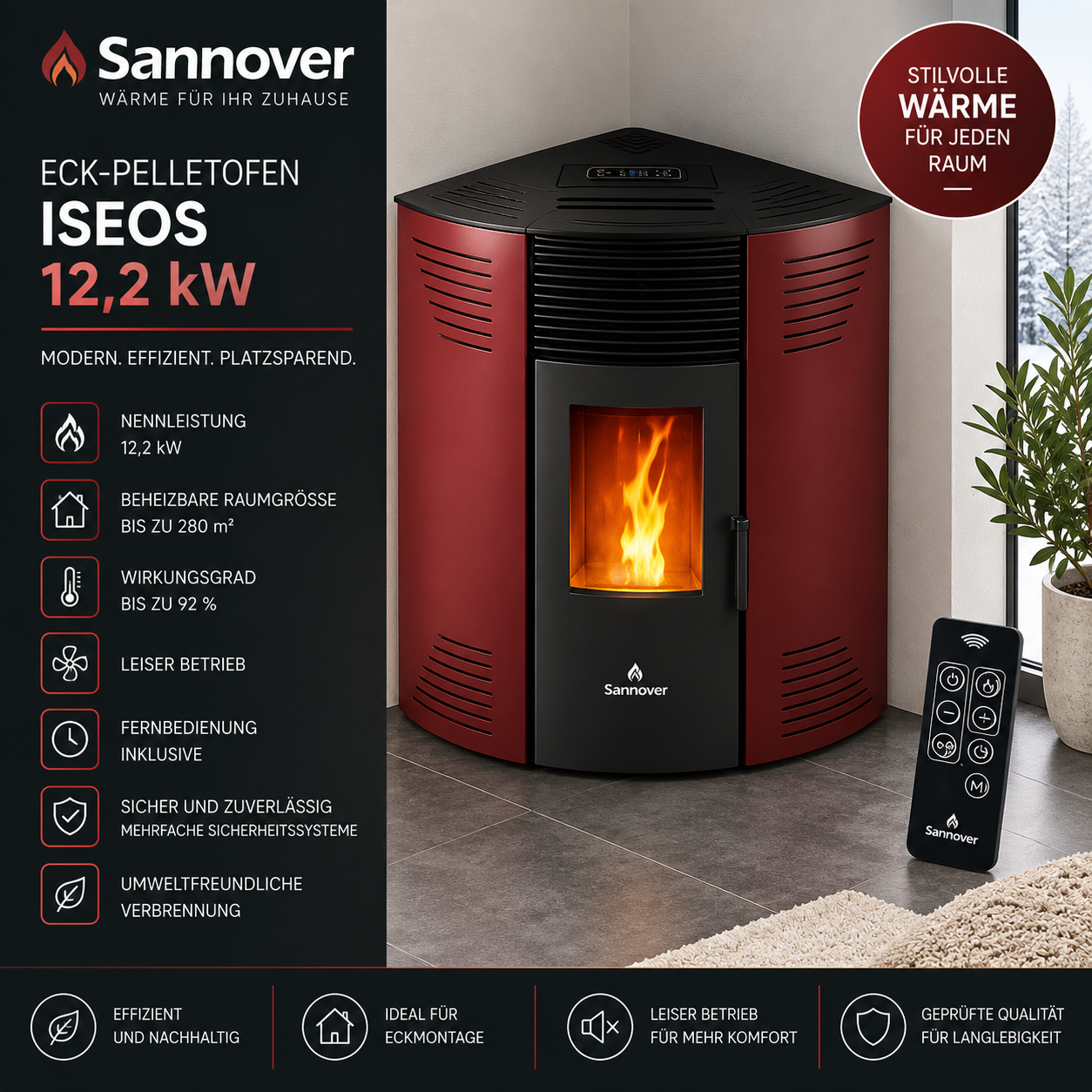 Sannover Iseos Eck-Pelletofen 10,6 kW – Bordeaux, 30-kg-Behälter mit Fernbedienung – Bild 5