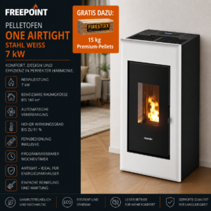 Freepoint One Airtight Pelletofen 7 kW – Stahl Weiß, raumluftunabhängig mit Fernbedienung