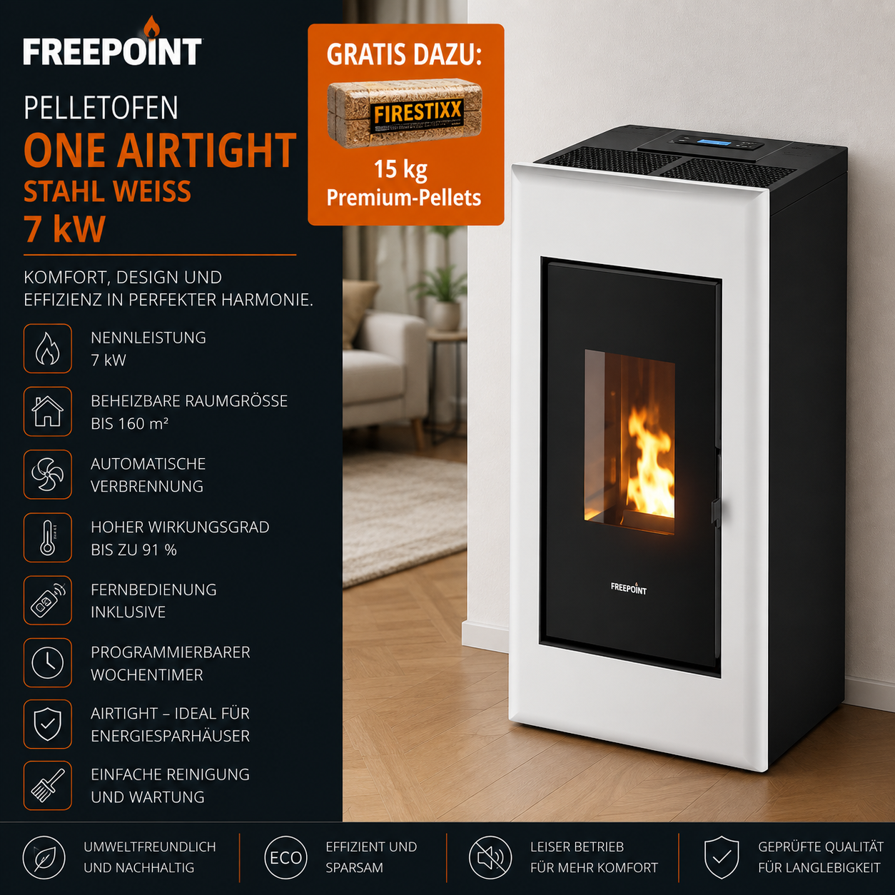 Freepoint One Airtight Pelletofen 7 kW – Stahl Weiß, raumluftunabhängig mit Fernbedienung – Bild 4