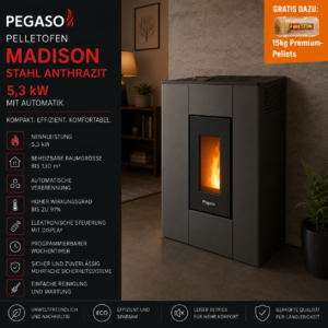 PEGASO Madison Pelletofen 5,3 kW – Stahl Anthrazit mit Automatik und Fernbedienung