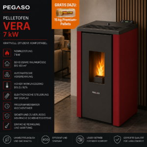 PEGASO Vera Pelletofen 7 kW – Stahl Bordeaux mit Gussbrennraum und Automatik