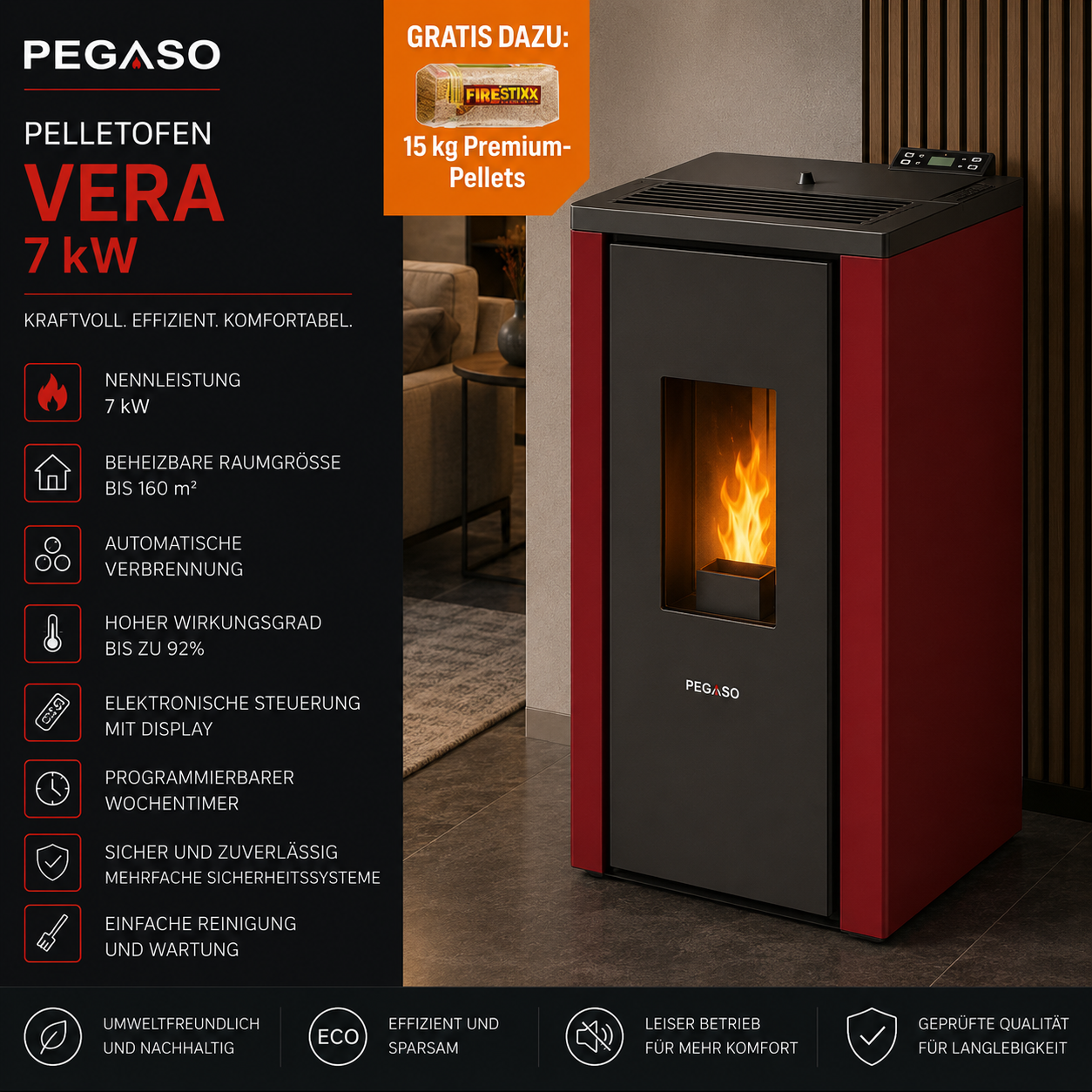 PEGASO Vera Pelletofen 7 kW – Stahl Bordeaux mit Gussbrennraum und Automatik – Bild 5
