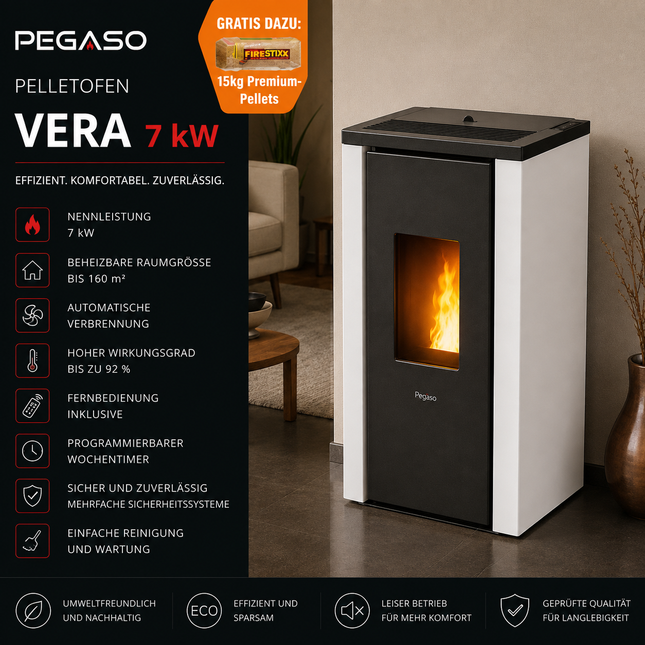 PEGASO Vera Pelletofen 7 kW – Stahl Weiß mit Gussbrennraum und Automatik – Bild 6