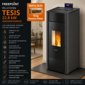 Freepoint Tesis Pelletofen 22,8 kW – Stahl Anthrazit, wasserführend mit Gussbrennraum