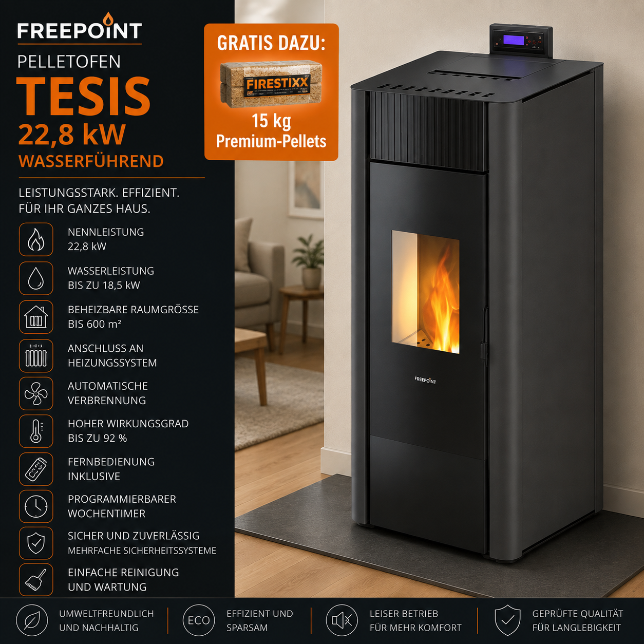 Freepoint Tesis Pelletofen 22,8 kW – Stahl Anthrazit, wasserführend mit Gussbrennraum – Bild 4