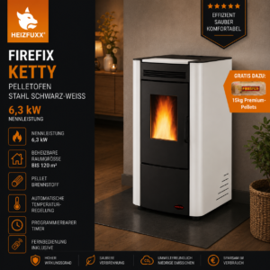 Firefix Ketty Pelletofen 6,3 kW – Schwarz-Weiß, klassisch mit Guss-Brennraum