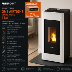 Freepoint One Airtight Pelletofen 7 kW – Stahl Weiß, raumluftunabhängig mit Fernbedienung