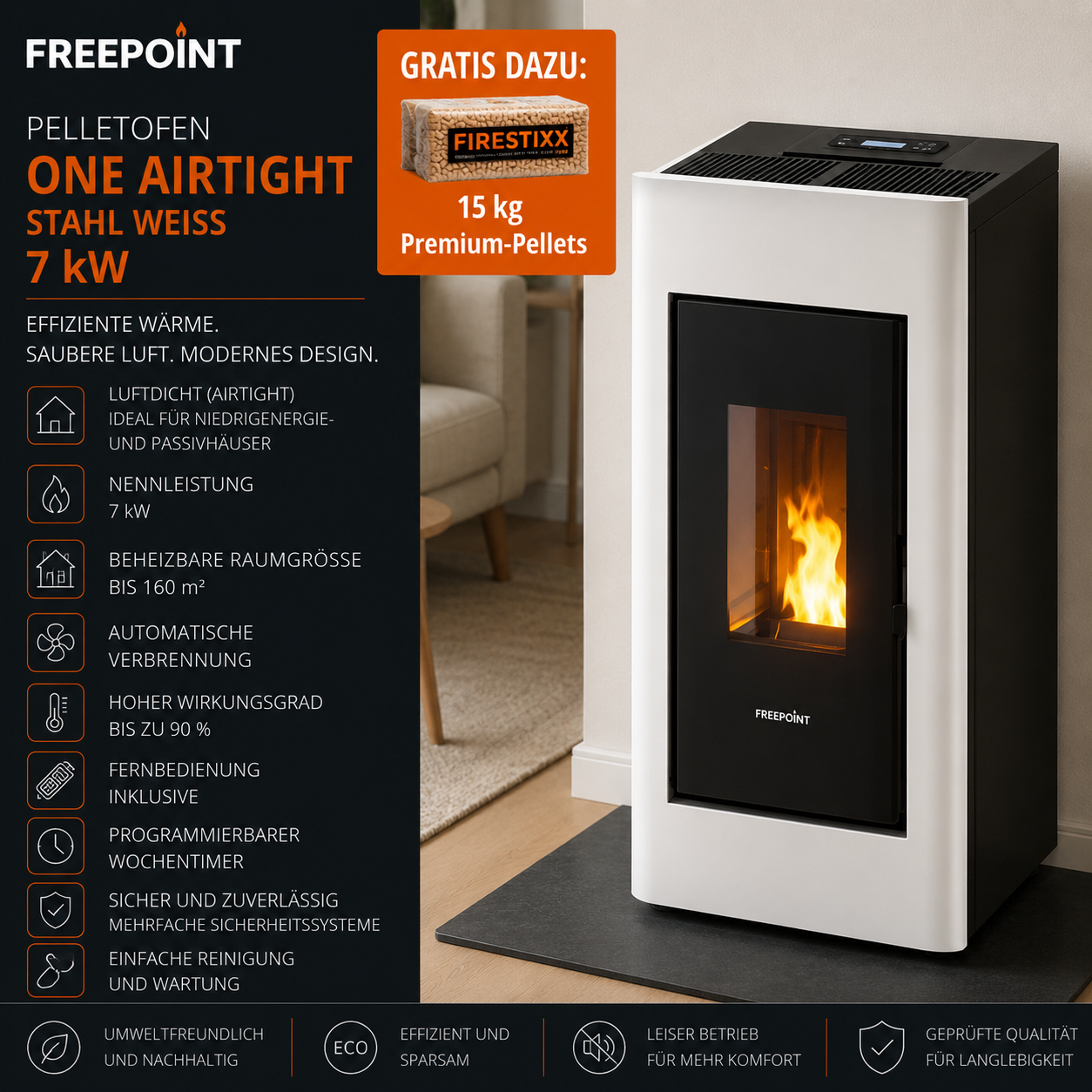 Freepoint One Airtight Pelletofen 7 kW – Stahl Weiß, raumluftunabhängig mit Fernbedienung – Bild 5
