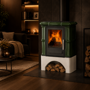 Justus Bavaria Kaminofen 7 kW – grüne Keramikverkleidung, klassischer Speicherofen