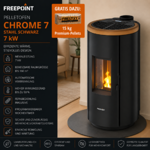 Freepoint Chrome 7 Pelletofen 7 kW – Stahl Schwarz, raumluftunabhängig mit WLAN