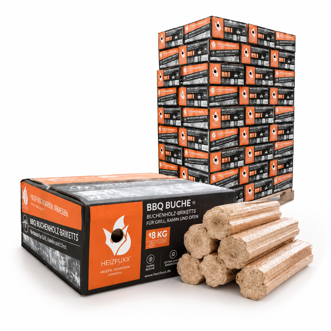 Heizfuxx BBQ-Buchenholzbriketts – Großpalette 972 kg, 54 Gebinde à 18 kg, DIN EN ISO 17225-3 – Bild 4