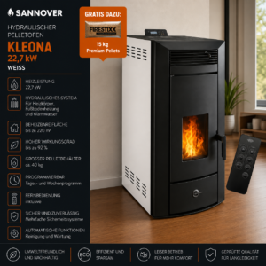 Sannover Kleona Hydro-Pelletofen 17,5 kW – Weiß, wasserführend mit Fernbedienung