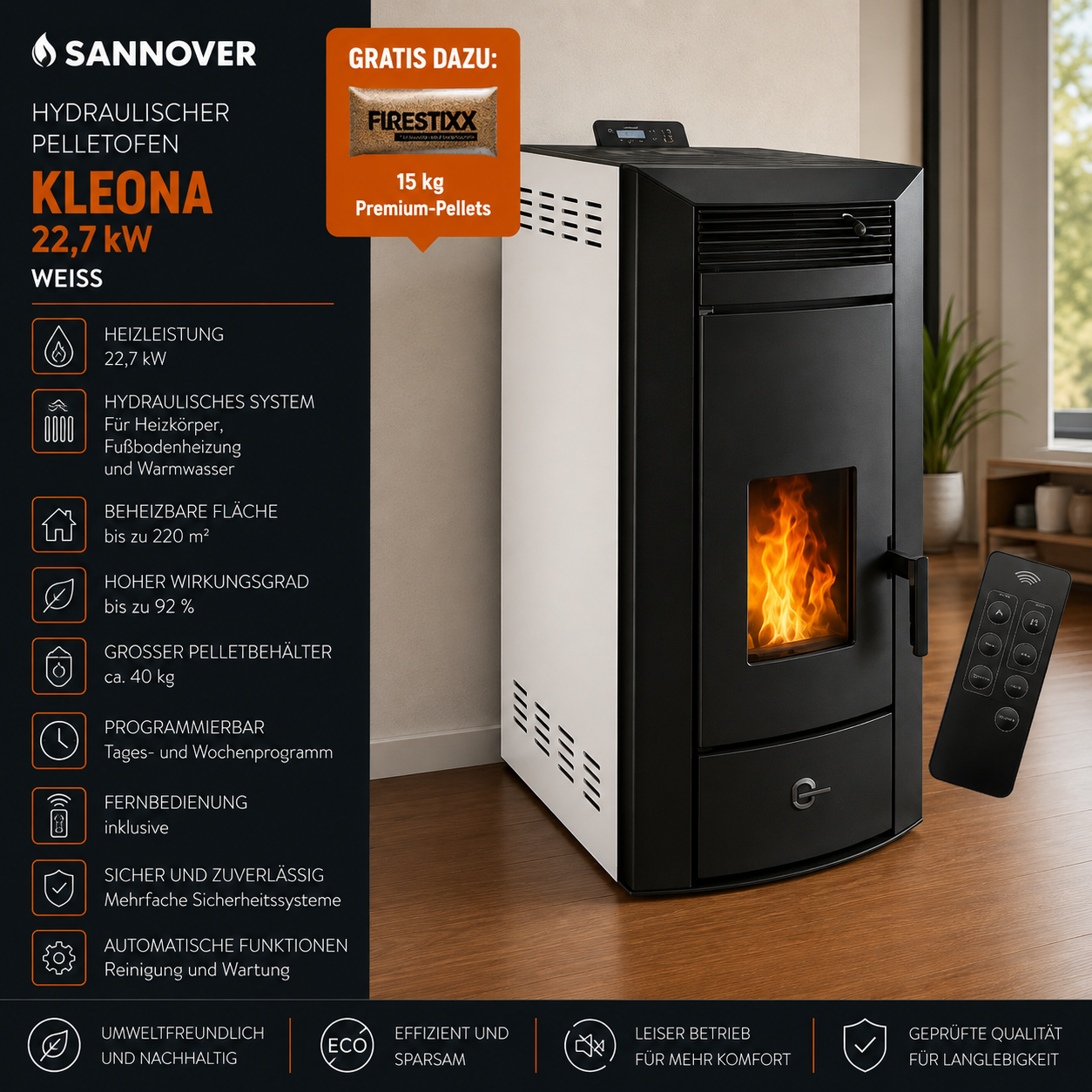 Sannover Kleona Hydro-Pelletofen 17,5 kW – Weiß, wasserführend mit Fernbedienung – Bild 6
