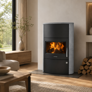 Justus Agero W+ Kaminofen 7 kW – grauer Speckstein mit XXL-Panoramascheibe und Speicherstein