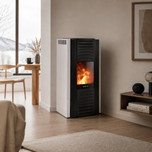 Justus Sirkos 2.0 Pelletofen 6 kW – Seidenweiß, industrielles Design mit WiFi und Vollautomatik