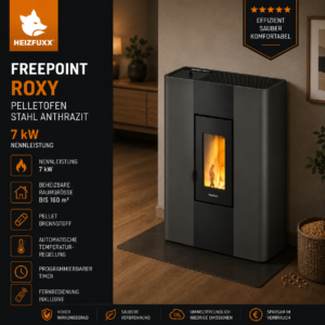 Freepoint Roxy extra flacher Pelletofen 7 kW – Anthrazit, Automatik und Fernbedienung