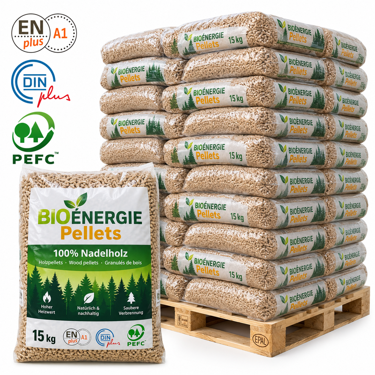 Bio Énergie Holzpellets Palette mit 66 Säcken à 15 kg (990 kg) – 100 % Nadelholz, ENplus A1, DINplus und PEFC