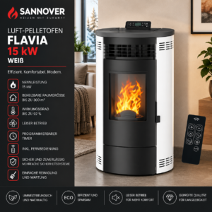 Sannover Flavia Luft-Pelletofen 12,6 kW – Weiß, zylindrisch mit Fernbedienung und Automatik