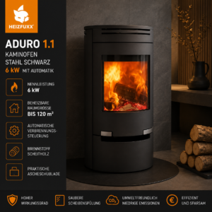 Aduro 1.1 Kaminofen 6 kW – Stahl Schwarz mit Automatik für Scheitholz und Braunkohle