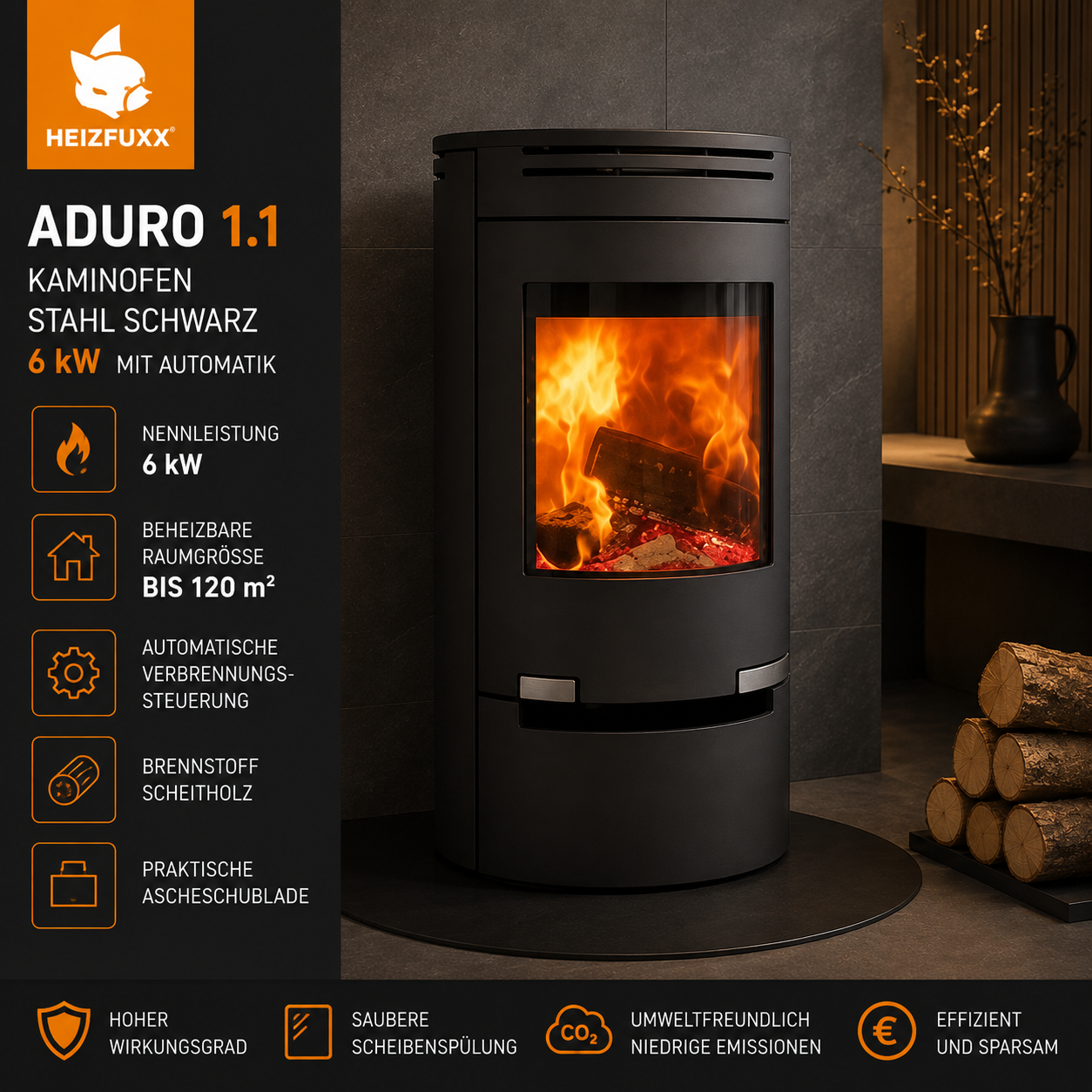 Aduro 1.1 Kaminofen 6 kW – Stahl Schwarz mit Automatik für Scheitholz und Braunkohle – Bild 4