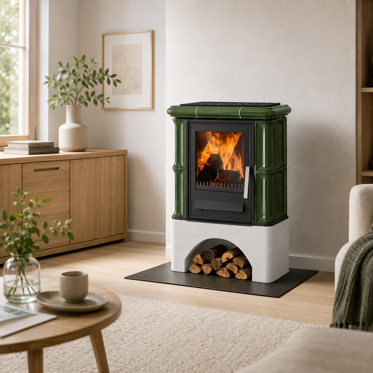 Justus Bavaria Kaminofen 7 kW – grüne Keramikverkleidung, klassischer Speicherofen – Bild 6