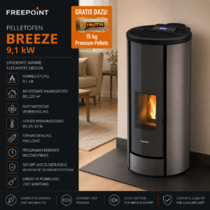 Freepoint Breeze Pelletofen 9,1 kW – Stahl Titan mit WLAN-Steuerung und Automatik