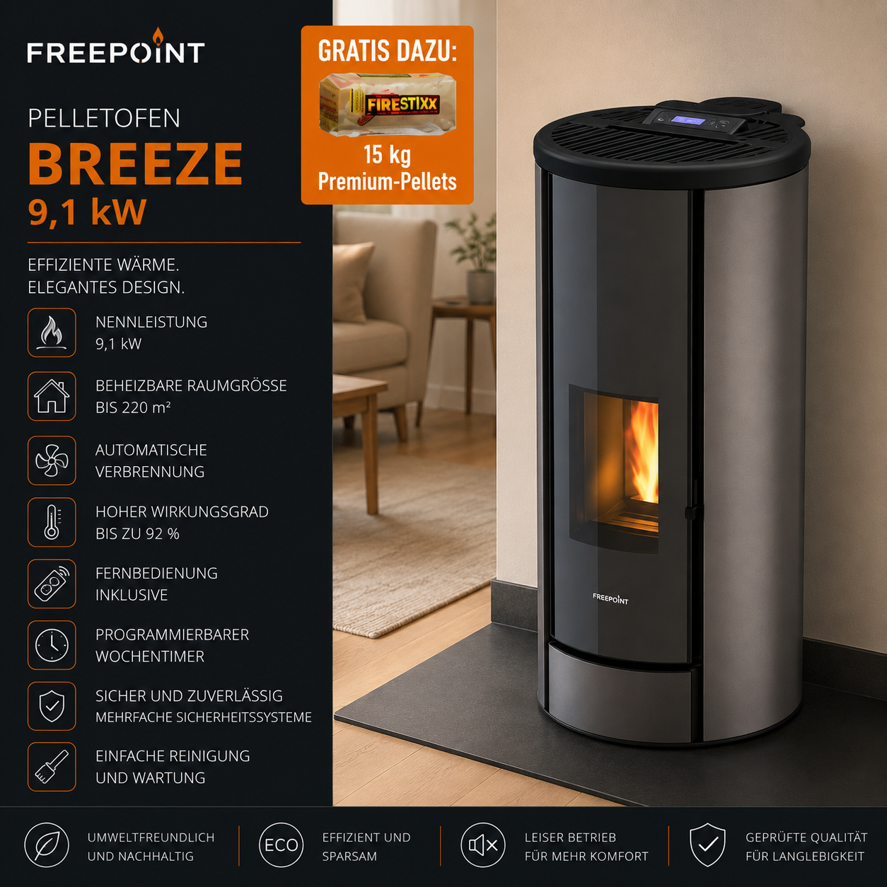 Freepoint Breeze Pelletofen 9,1 kW – Stahl Titan mit WLAN-Steuerung und Automatik – Bild 4