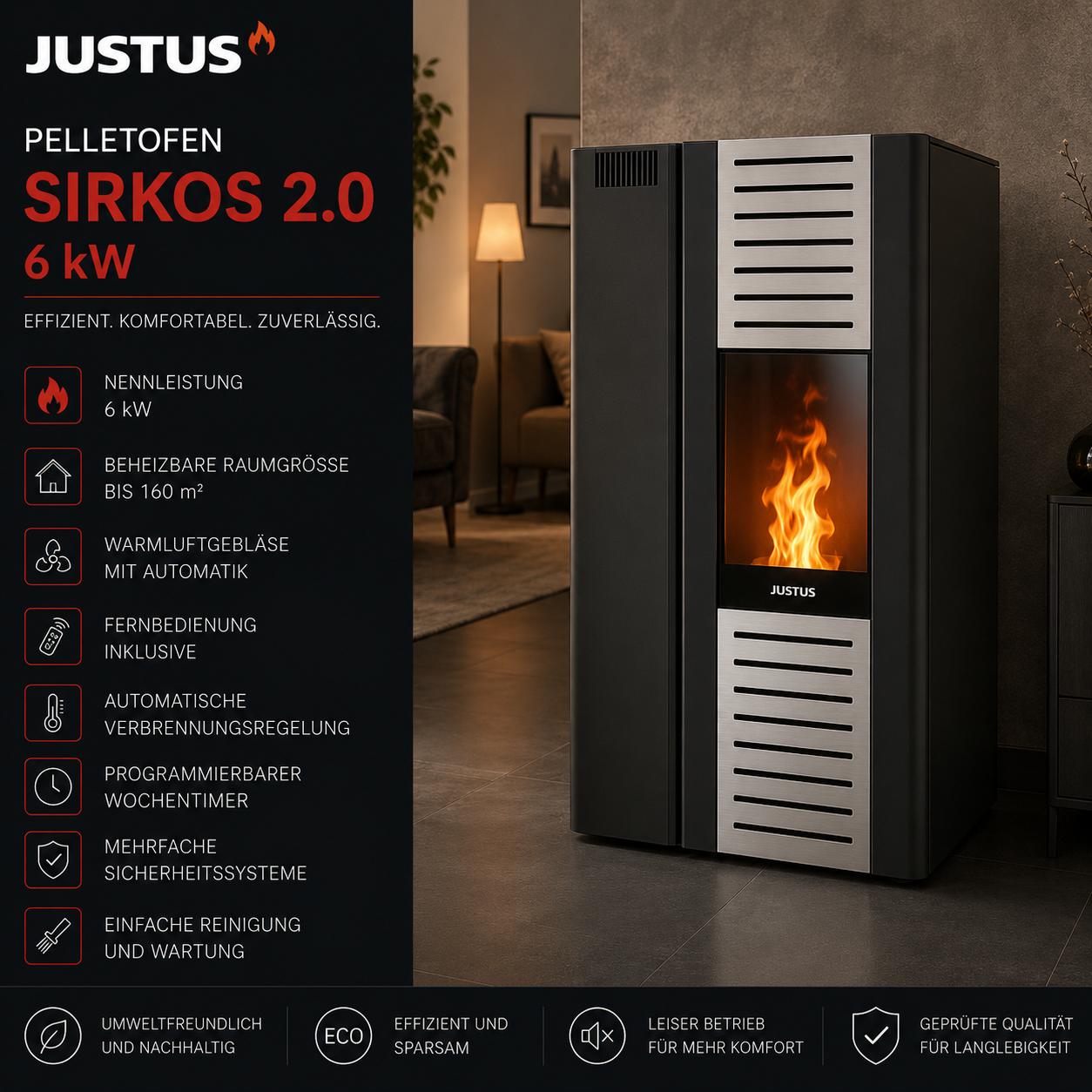 Justus Sirkos 2.0 Pelletofen 6 kW – Stahl Schwarz, raumluftunabhängig mit Vollautomatik – Bild 6