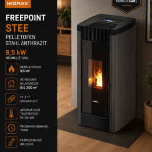 Freepoint STEE Pelletofen 8,5 kW – Anthrazit, WLAN-Steuerung und Guss-Brennraum