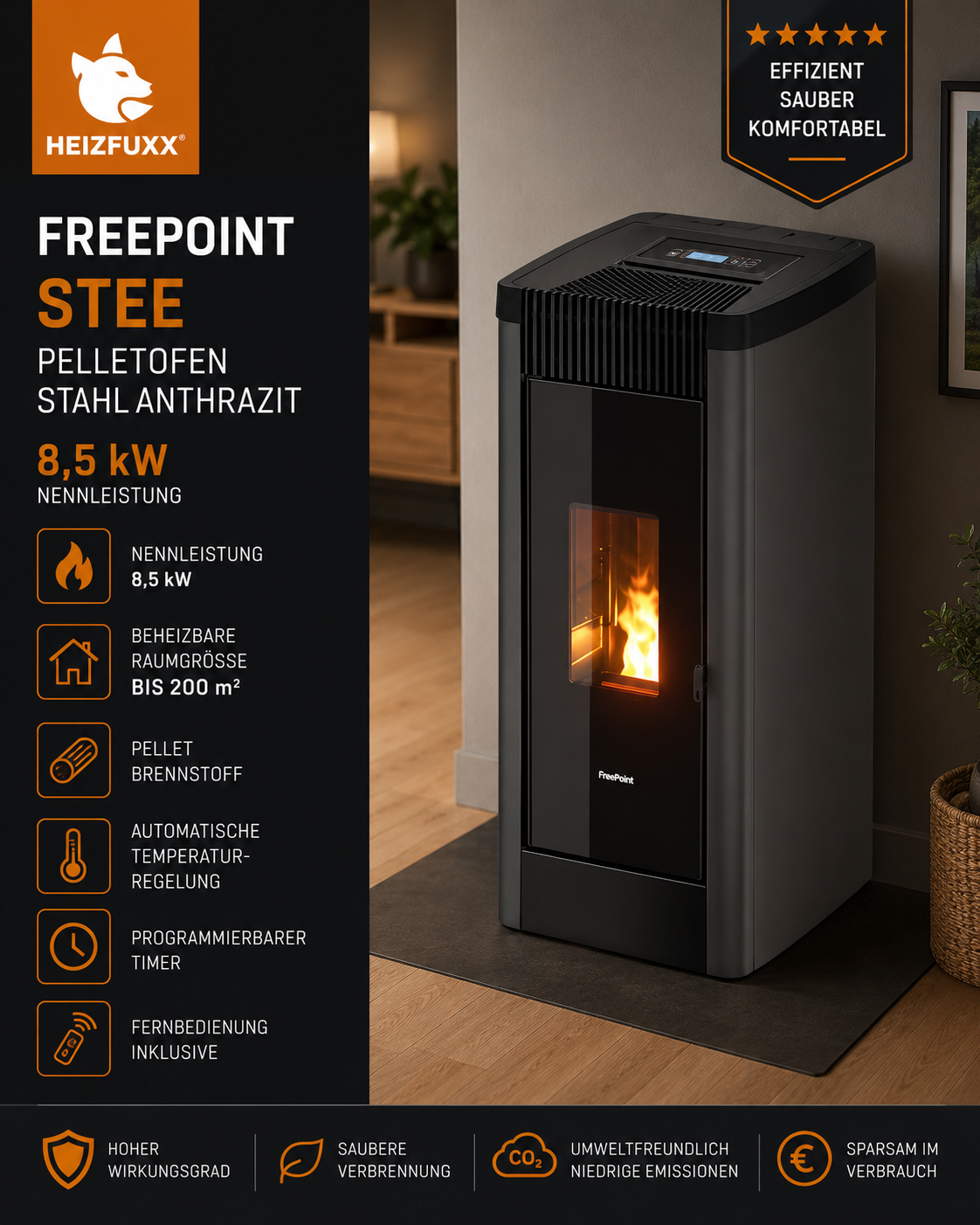 Freepoint STEE Pelletofen 8,5 kW – Anthrazit, WLAN-Steuerung und Guss-Brennraum – Bild 3