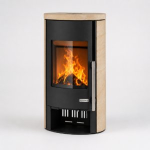Accente Kaminofen 7 kW – Sandsteinverkleidung mit Spezialkeramik-Brennraum und gebogener Scheibe