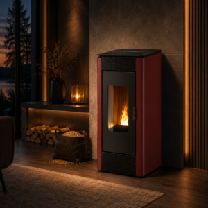 Firefix Ketty Pelletofen 6,3 kW – Schwarz-Bordeaux, Zeitbrand mit Guss-Brennraum