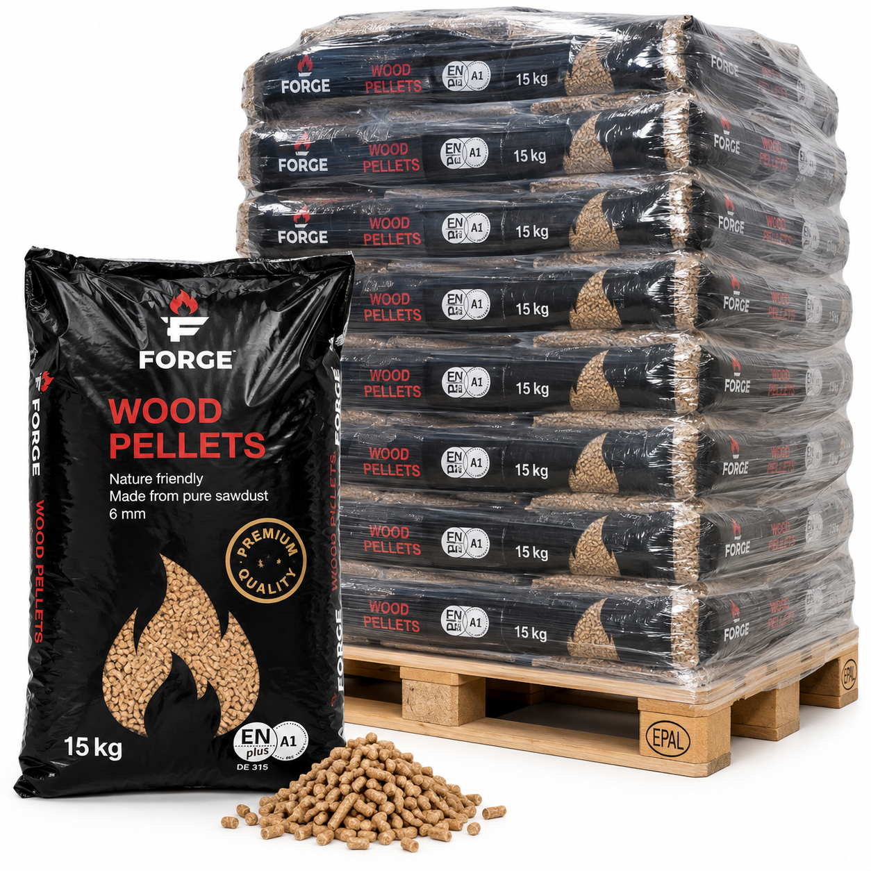 Forge Premium Holzpellets Palette mit 84 Säcken à 15 kg (1260 kg) – 100 % Nadelholz, ENplus A1