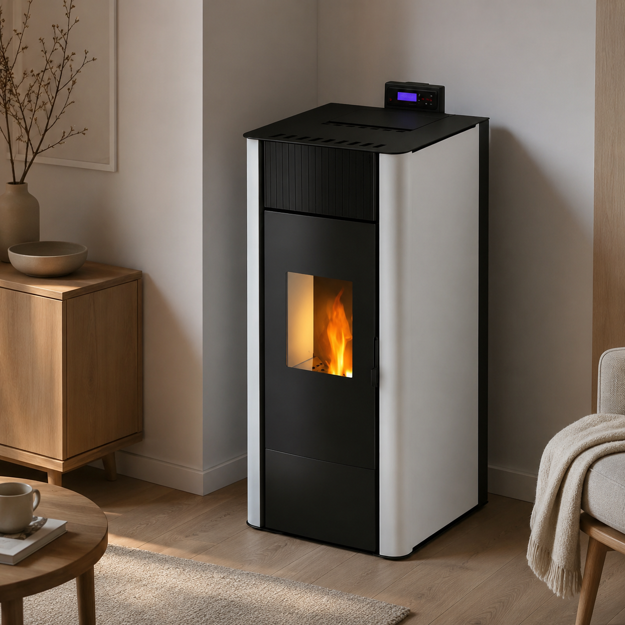 Freepoint Tesis wasserführender Pelletofen 22,8 kW – Weiß, für große Wohnbereiche mit Fernbedienung – Bild 3