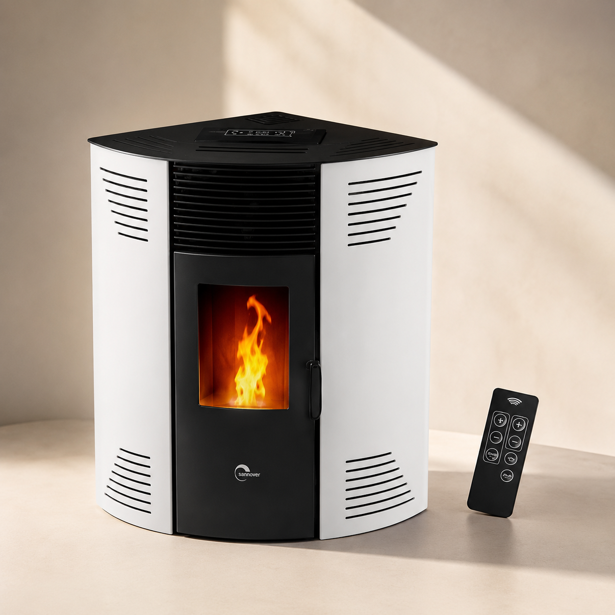 Sannover Iseos Eck-Pelletofen 10,6 kW – Weiß, 30-kg-Behälter mit Fernbedienung – Bild 4