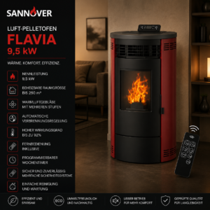 Sannover Flavia Luft-Pelletofen 9,5 kW – Bordeaux mit Fernbedienung