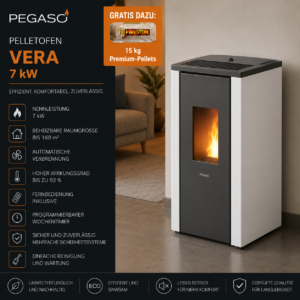 PEGASO Vera Pelletofen 7 kW – Stahl Weiß mit Gussbrennraum und Automatik